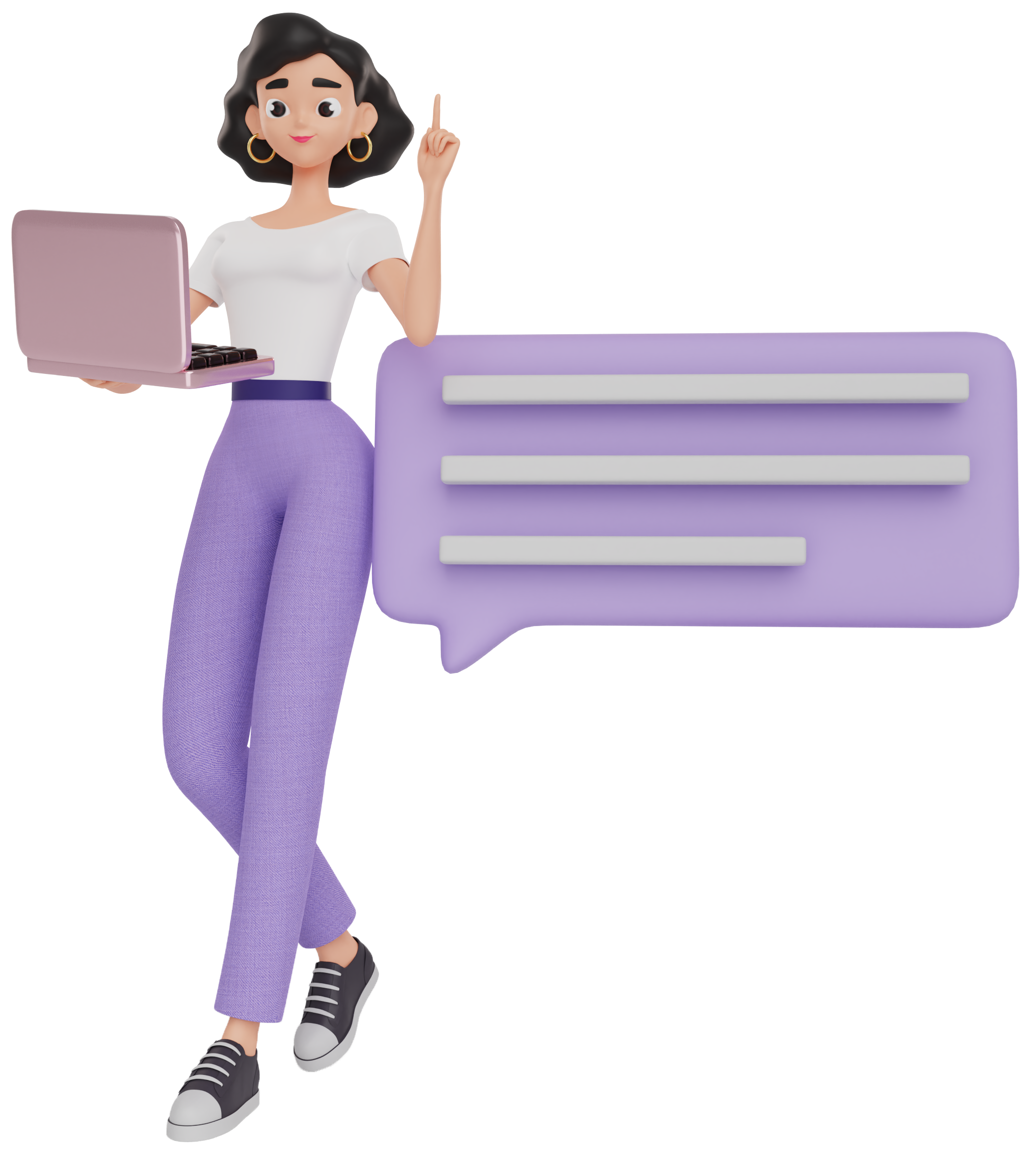 A girl carrying a laptop and leaning on a popup
